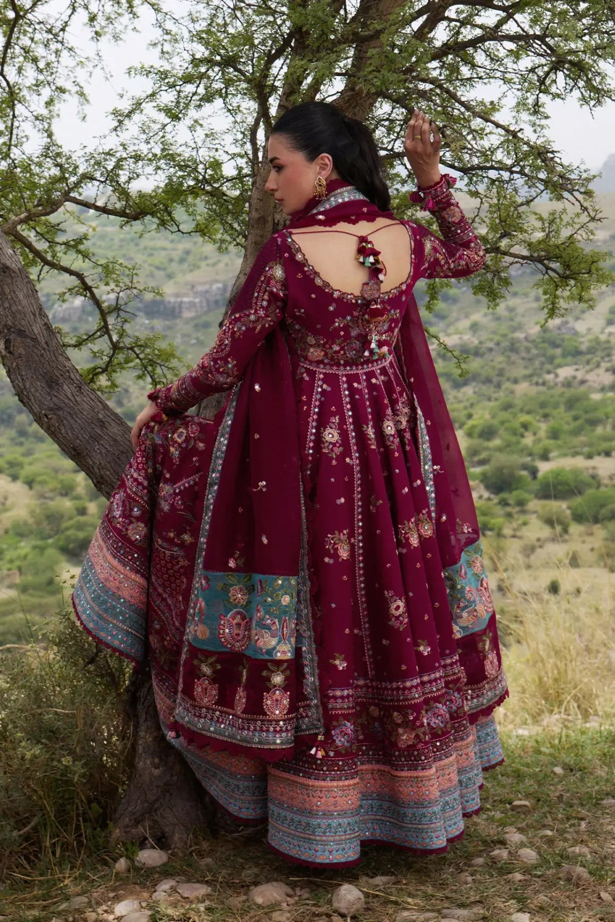 Nousheen Hussain Rehar Maroon Lawn Stitched Anarkali Suit with Embroidered Organza Dupatta