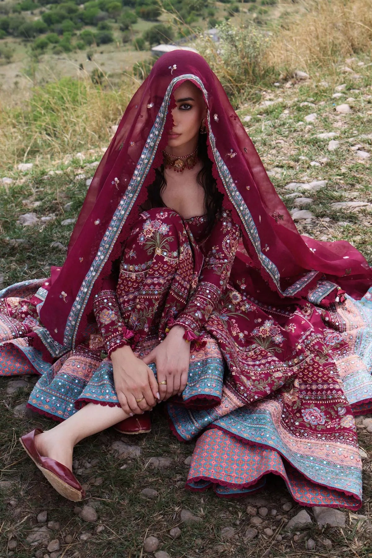 Nousheen Hussain Rehar Maroon Lawn Stitched Anarkali Suit with Embroidered Organza Dupatta