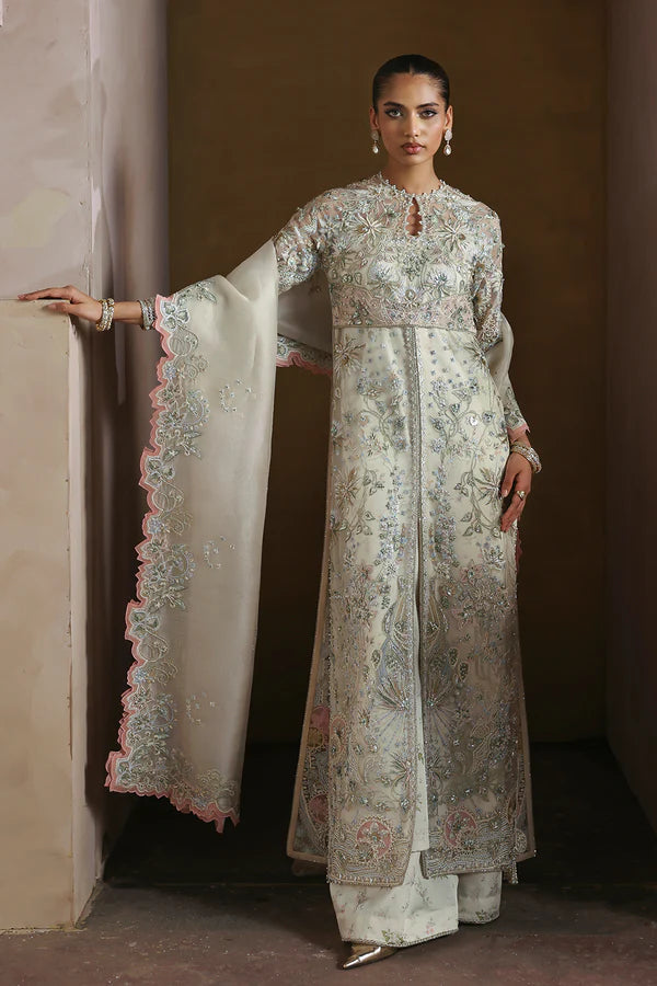 Novara Soraya Festive Opal White Stitched Elegant Party Dress with embellished shirt, trousers and dupatta, available at Pakistanimoda.