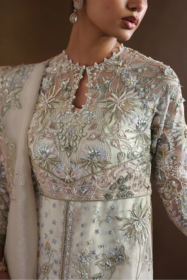 Novara Soraya Festive Opal White Stitched Elegant Party Dress with embellished shirt, trousers and dupatta, available at Pakistanimoda.