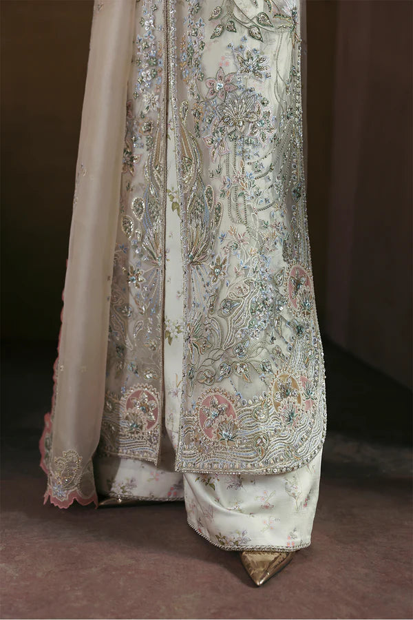 Novara Soraya Festive Opal White Stitched Elegant Party Dress with embellished shirt, trousers and dupatta, available at Pakistanimoda.