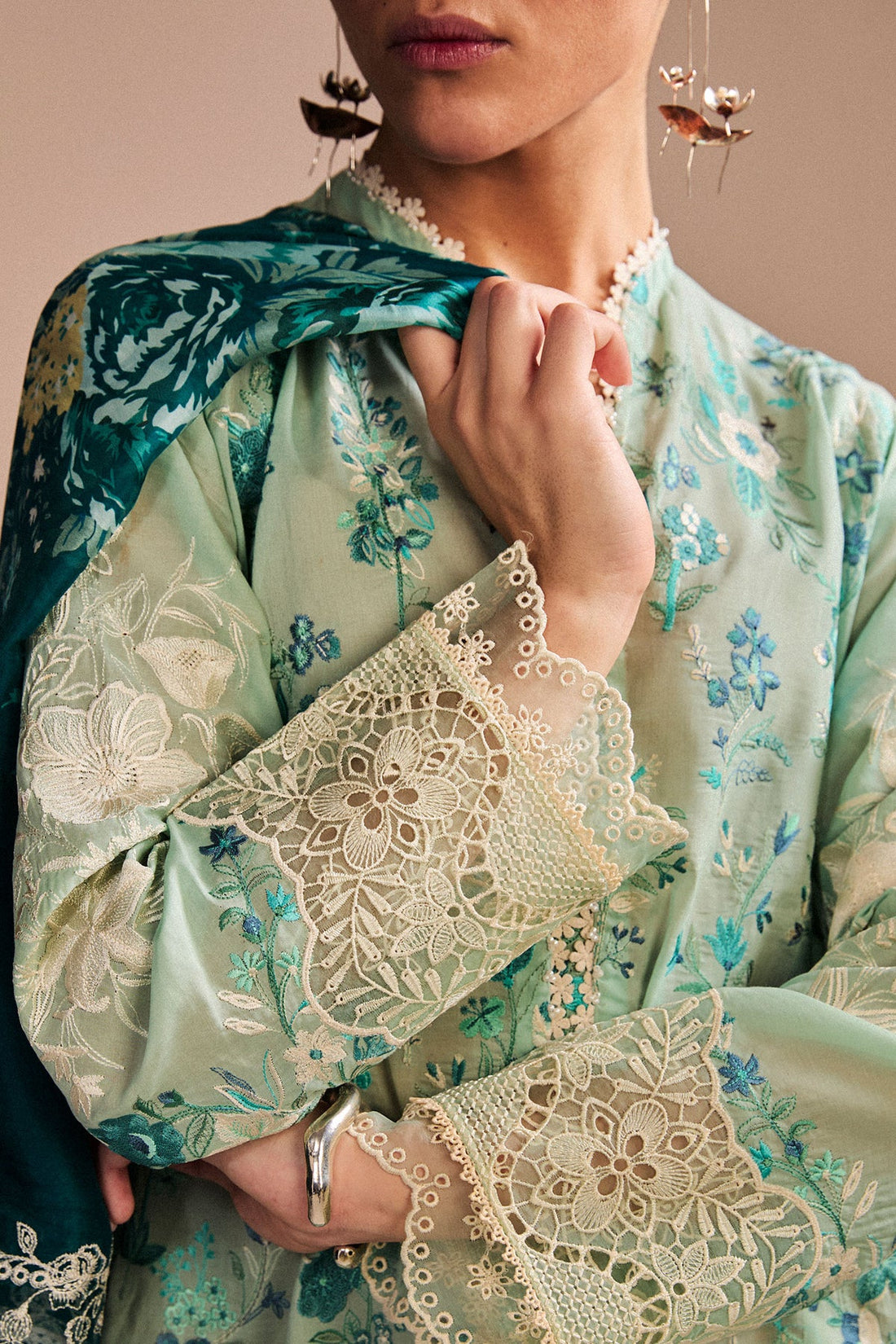 Nozomi-2B- Embroidered Light Green Lawn Ensemble By- Zara Shahjahan
