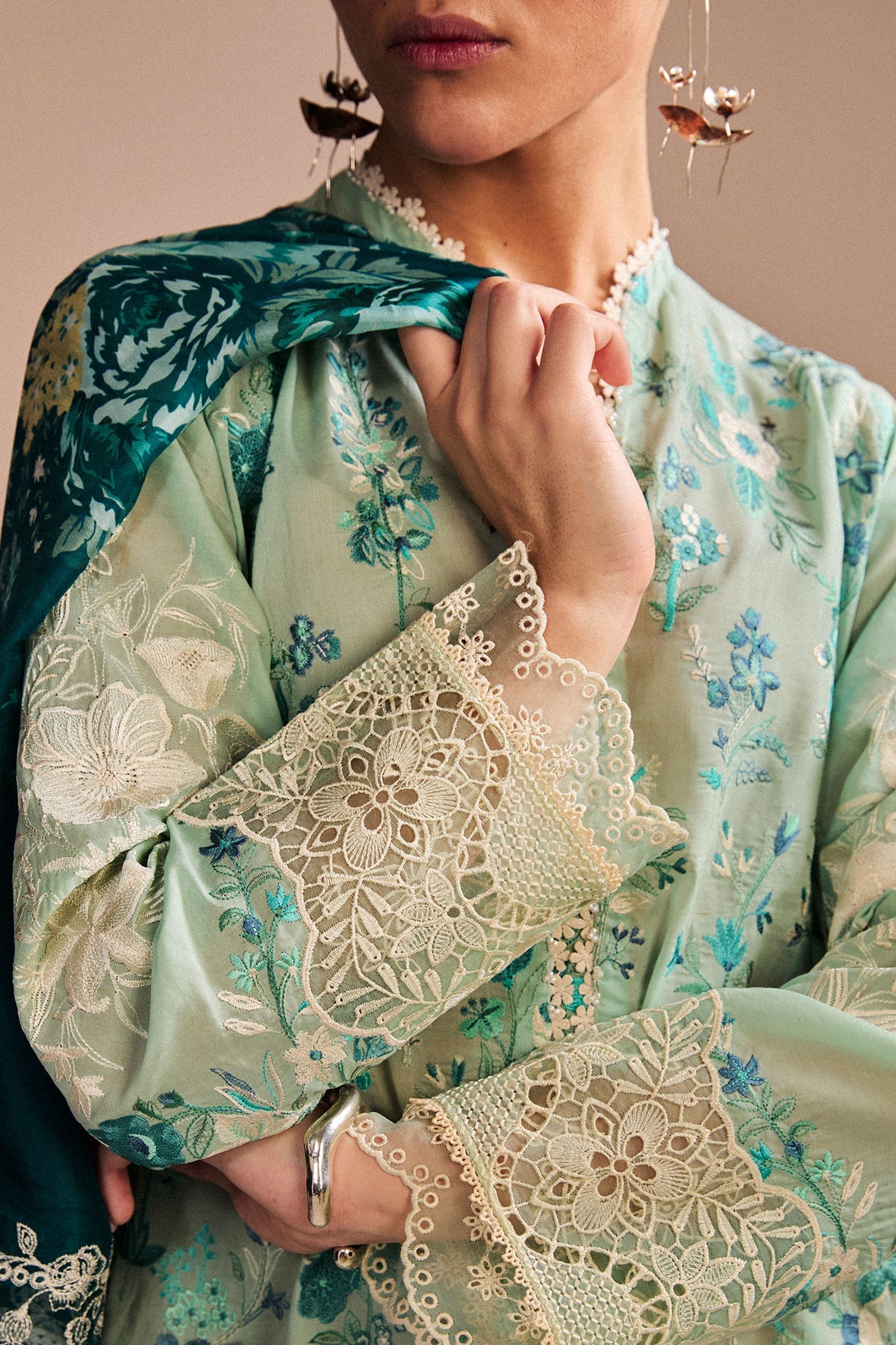 Nozomi-2B- Embroidered Light Green Lawn Ensemble By- Zara Shahjahan