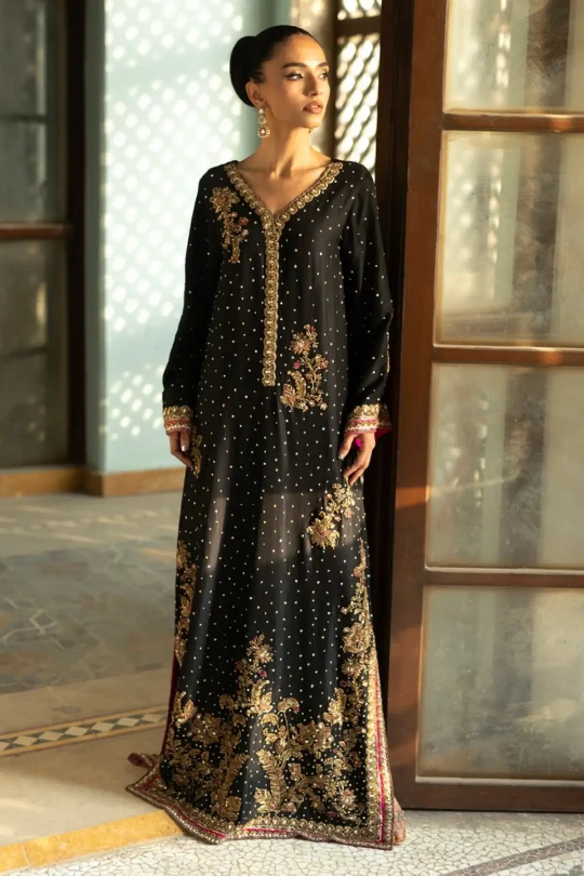 Nuit Elegance black raw silk embellished stitched party wear kaftan with floral Chan jaal and Zardozi embroidery