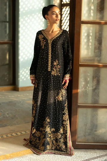 Nuit Elegance black raw silk embellished stitched party wear kaftan with floral Chan jaal and Zardozi embroidery