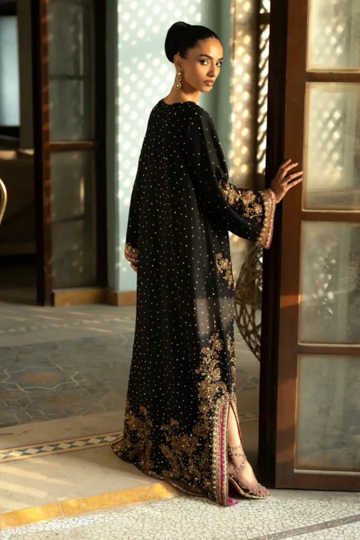 Nuit Elegance black raw silk embellished stitched party wear kaftan with floral Chan jaal and Zardozi embroidery
