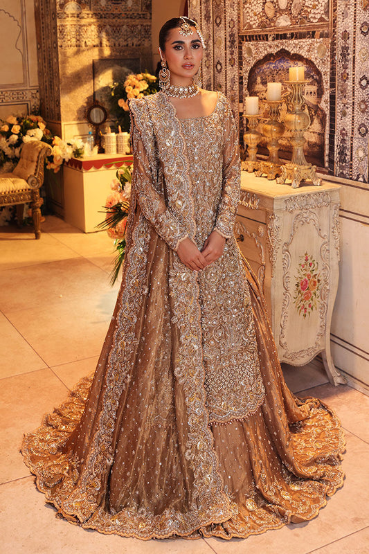 Nur-Bano-Golden Tissue Bridal Set with Floral Lehenga