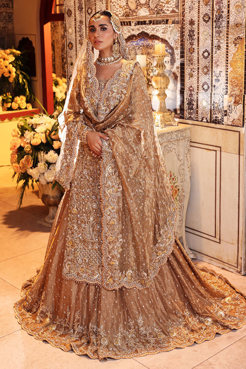Nur-Bano-Golden Tissue Bridal Set with Floral Lehenga