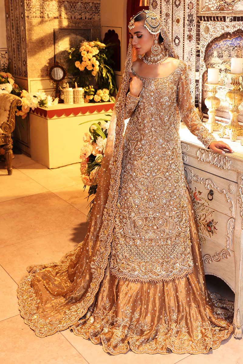 Nur-Bano-Golden Tissue Bridal Set with Floral Lehenga
