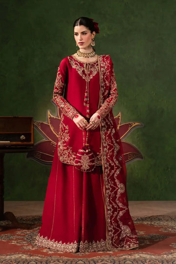 Nuray Kanwal Malik crimson handcrafted Korean silk formal wear with organza dupatta and Korean silk flare pants