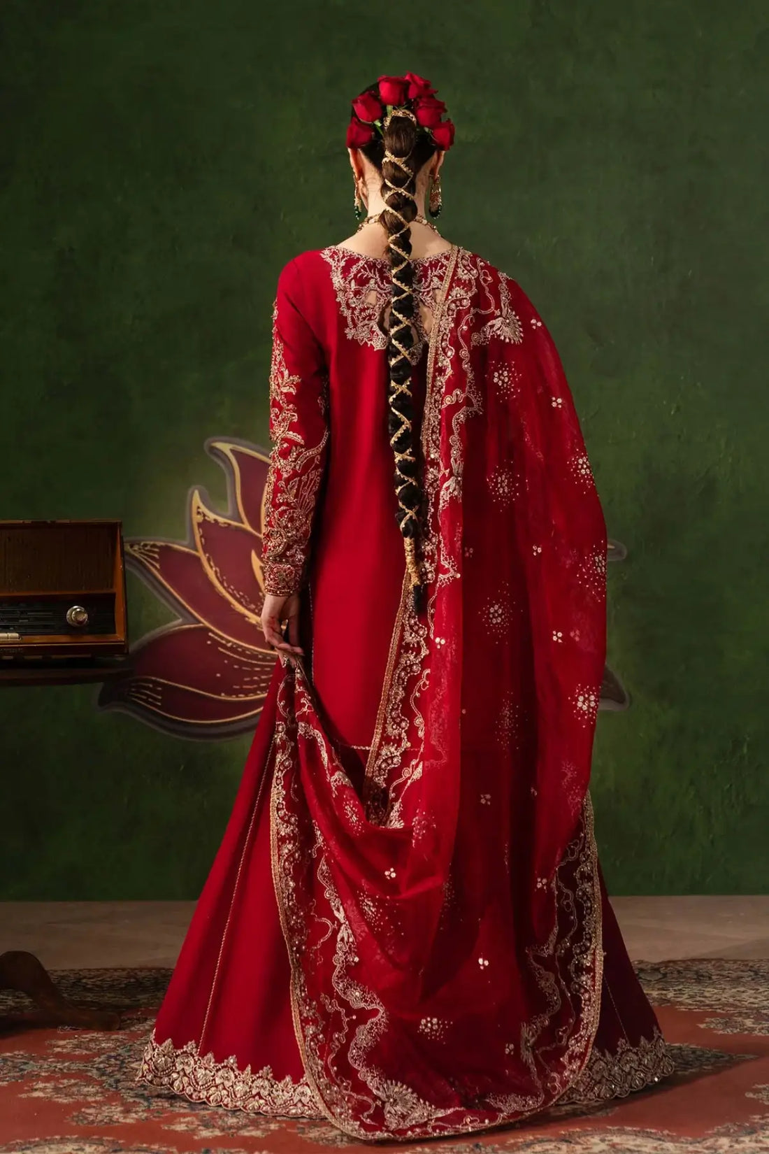 Nuray Kanwal Malik crimson handcrafted Korean silk formal wear with organza dupatta and Korean silk flare pants