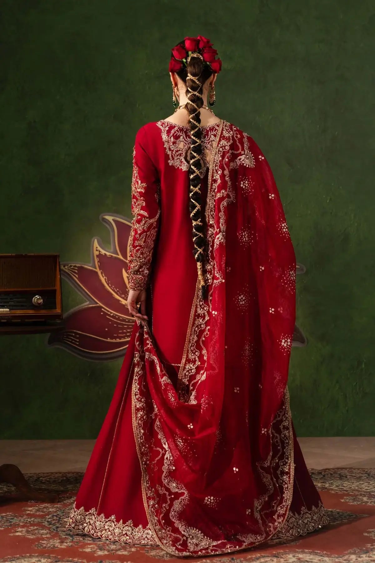 Nuray Kanwal Malik crimson handcrafted Korean silk formal wear with organza dupatta and Korean silk flare pants