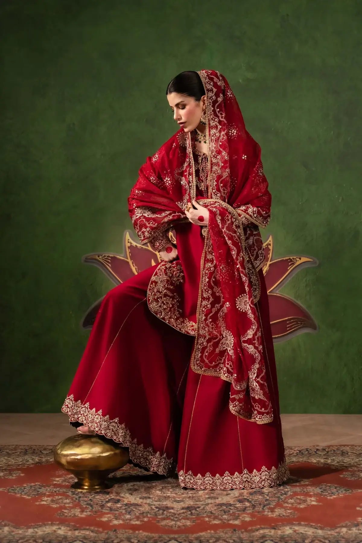 Nuray Kanwal Malik crimson handcrafted Korean silk formal wear with organza dupatta and Korean silk flare pants
