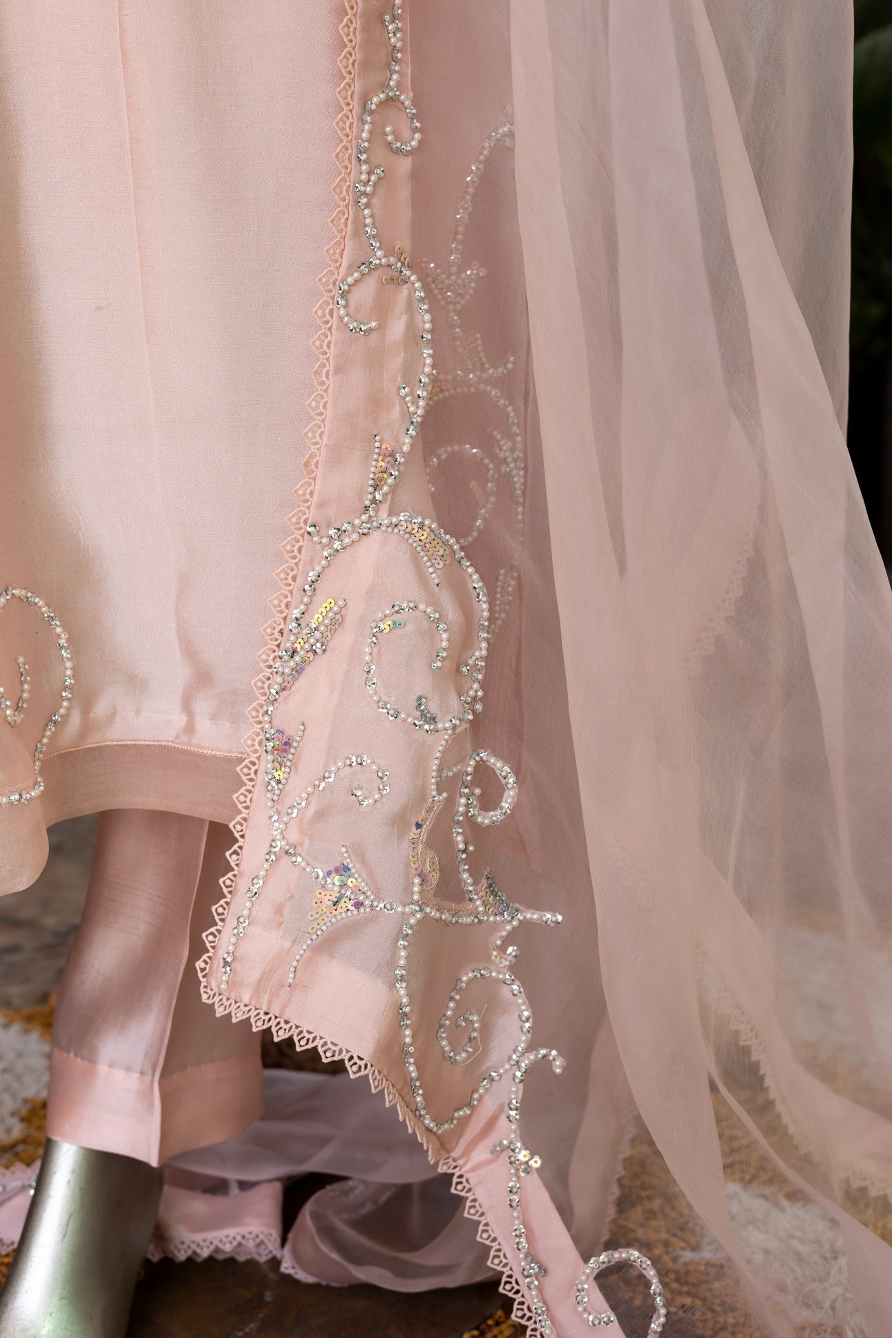 Soft blush pink designer Pakistani silk suit by MariamRaj with embroidered sheesha silk shirt and trousers, paired with a scalloped organza dupatta for women in USA and UK.