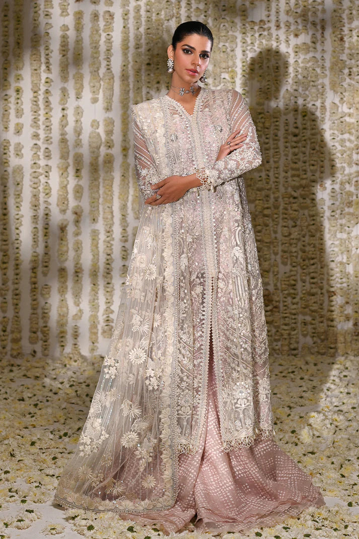Nurvi- White Kalidar dress with contrast three-layered sharara pants By- Saad Bin Shahzad