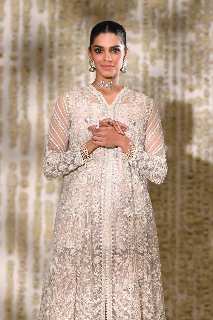 Nurvi- White Kalidar dress with contrast three-layered sharara pants By- Saad Bin Shahzad