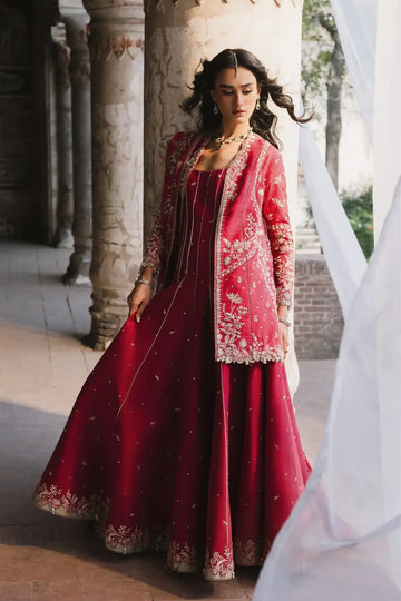 Nushi Vasl 26 crimson handworked silk Pakistani stitched jacket dress with embellished jacket, silk inner and crushed silk dupatta