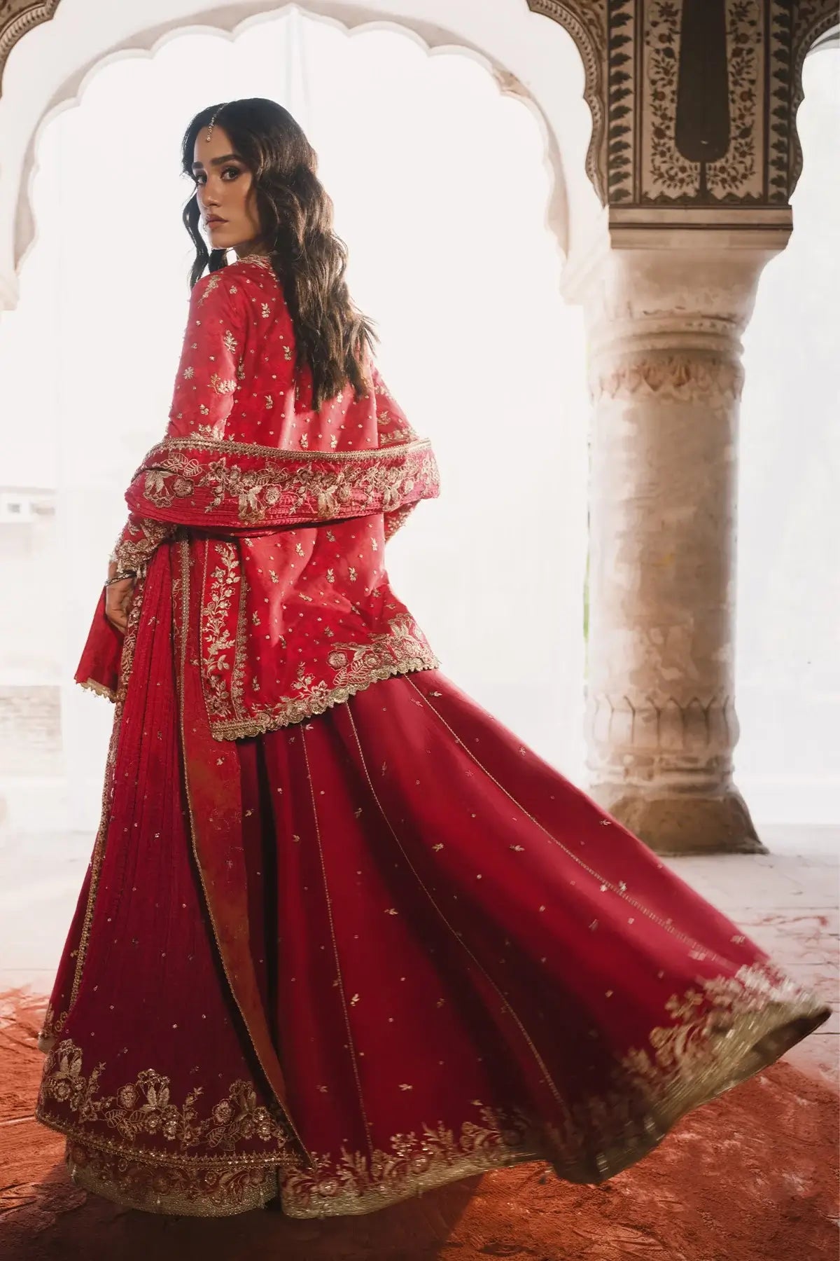 Nushi Vasl 26 crimson handworked silk Pakistani stitched jacket dress with embellished jacket, silk inner and crushed silk dupatta