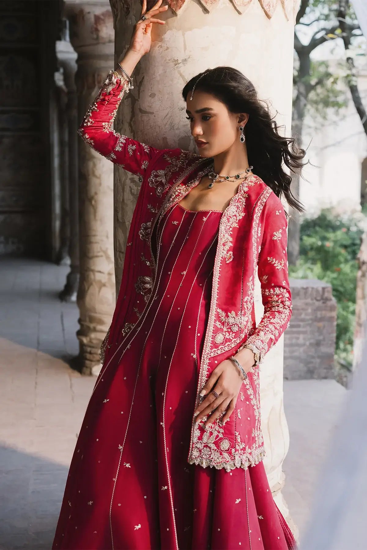 Nushi Vasl 26 crimson handworked silk Pakistani stitched jacket dress with embellished jacket, silk inner and crushed silk dupatta