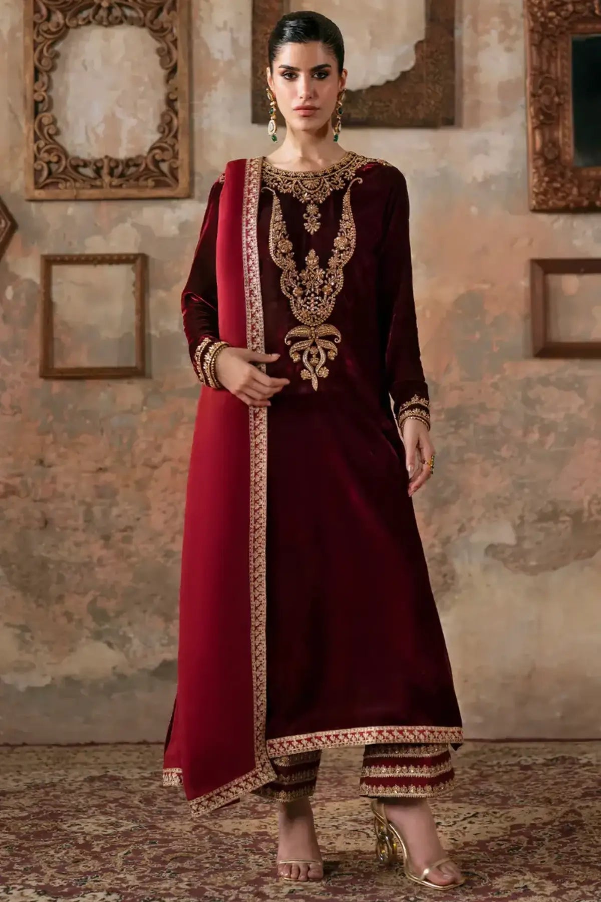 Nyra Maya Pret blood red velvet Eid dress 2026 stitched festive wear.
