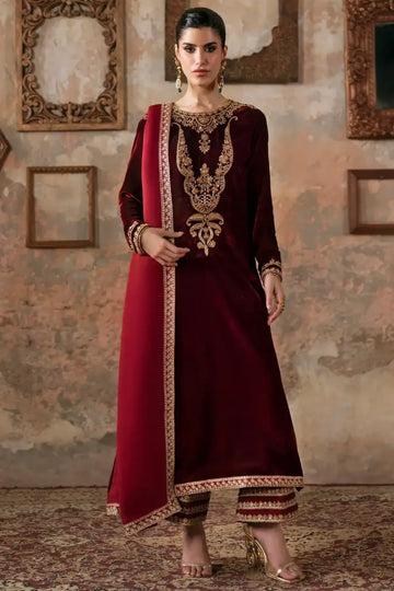 Nyra Maya Pret blood red velvet Eid dress 2026 stitched festive wear.