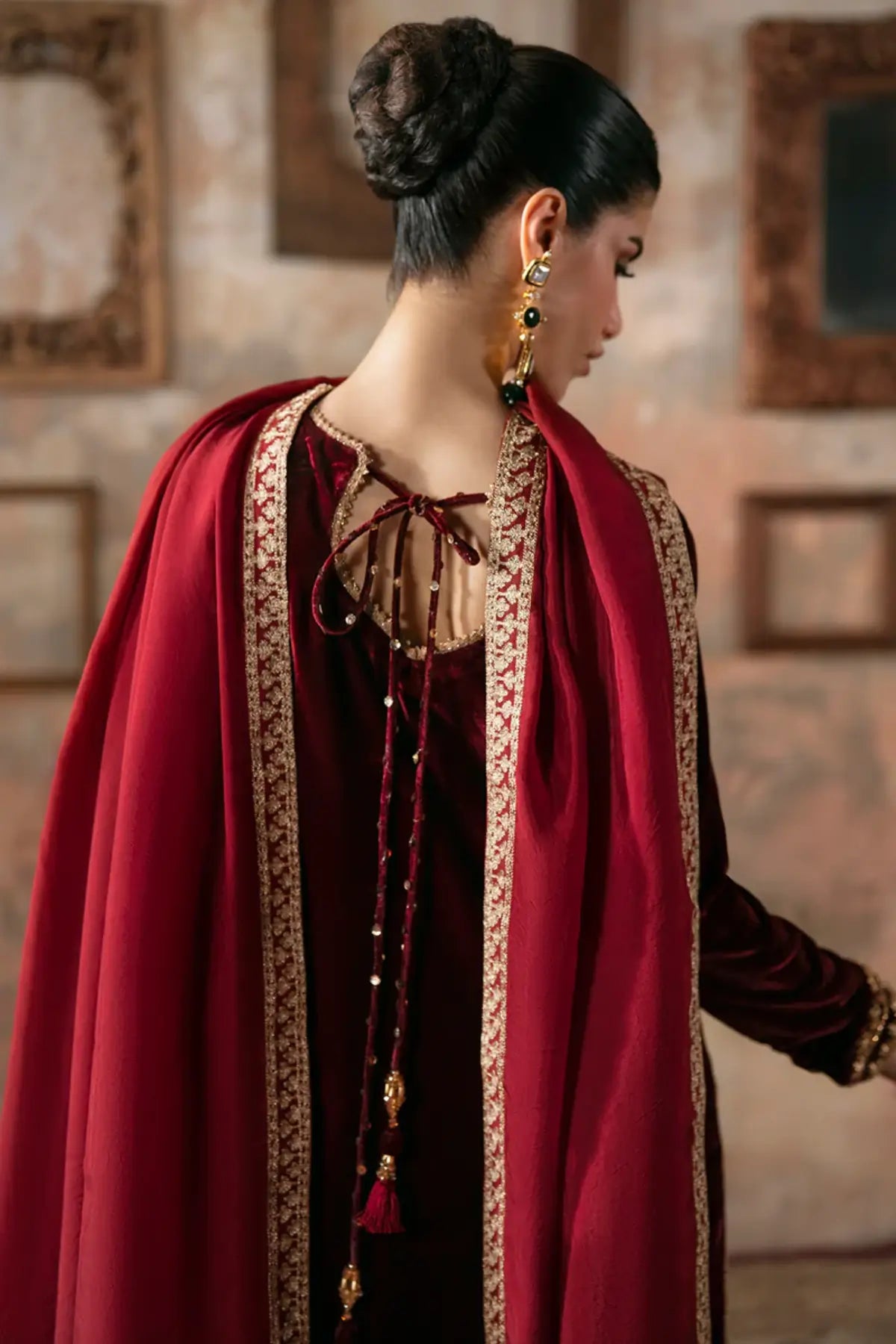 Nyra Maya Pret blood red velvet Eid dress 2026 stitched festive wear.