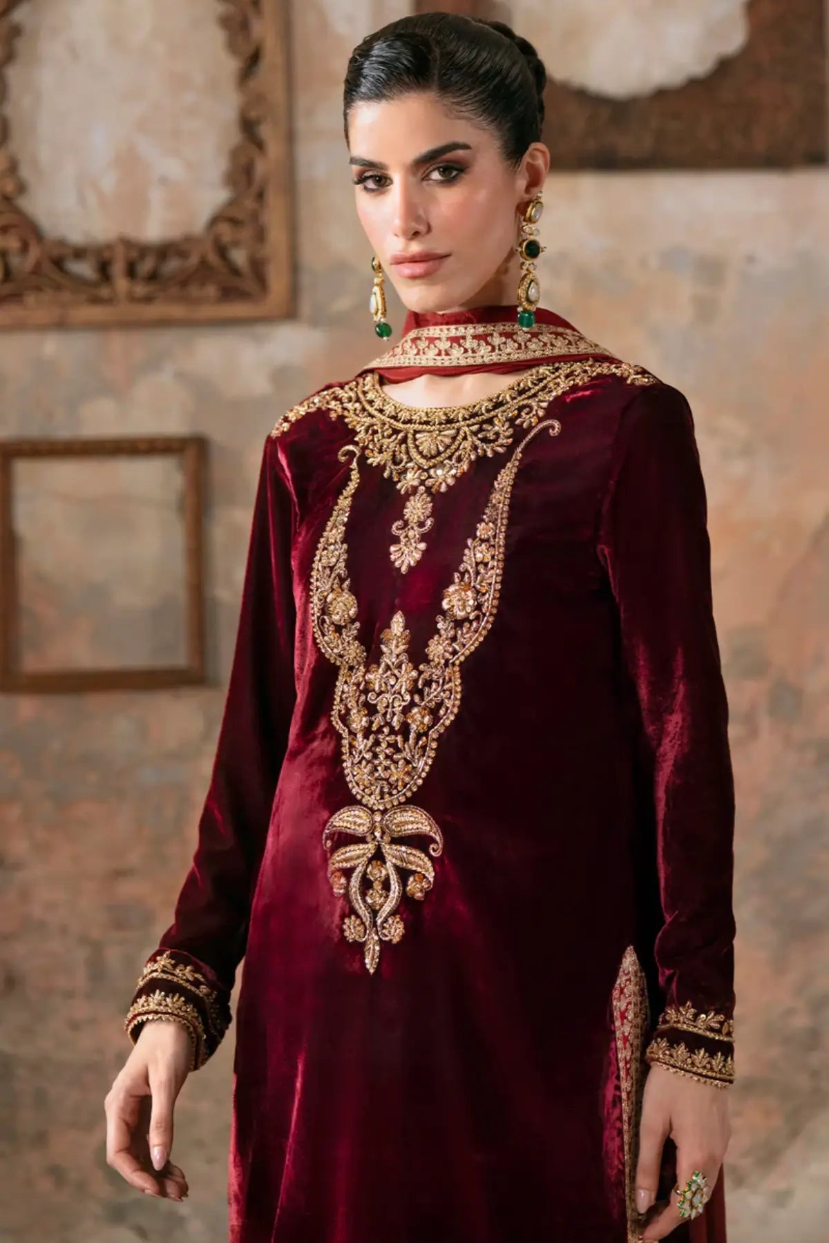 Nyra Maya Pret blood red velvet Eid dress 2026 stitched festive wear.