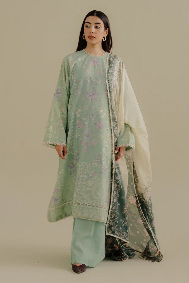 Nyssa-10A- Mint Green embroidered lawn ensemble By- Zara Shahjahan
