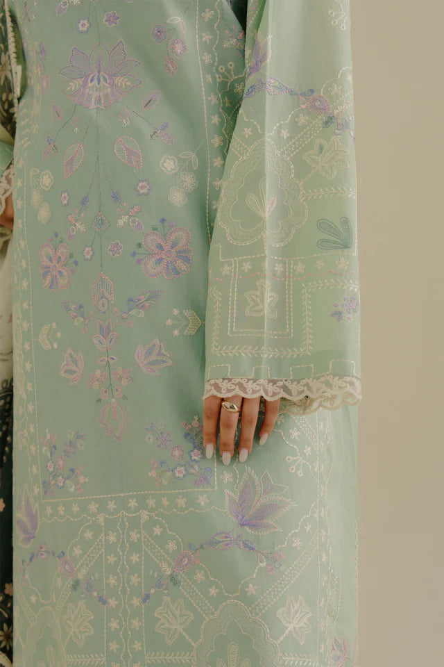 Nyssa-10A- Mint Green embroidered lawn ensemble By- Zara Shahjahan
