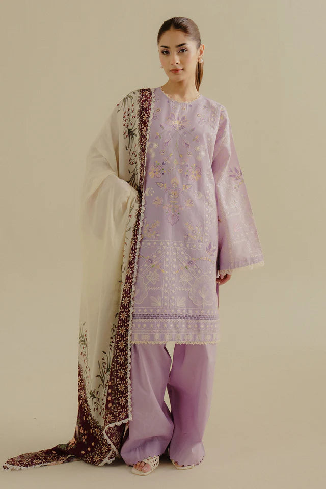 Nyssa-10B- Lilac embroidered lawn suit for evening wear By- Zara Shahjahan