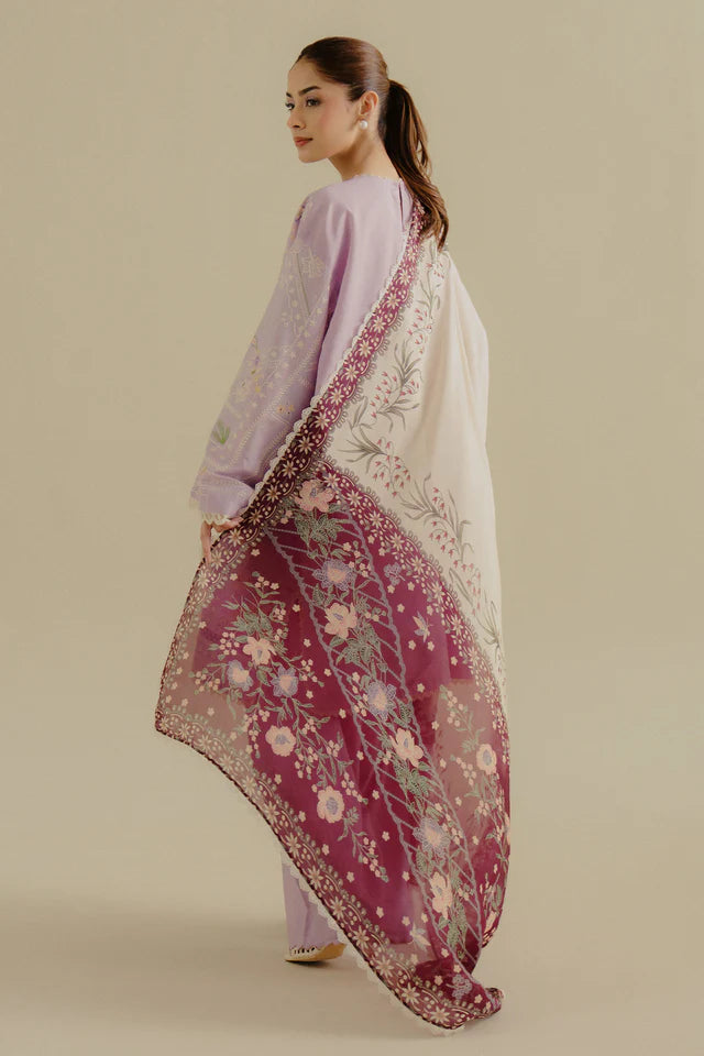 Nyssa-10B- Lilac embroidered lawn suit for evening wear By- Zara Shahjahan