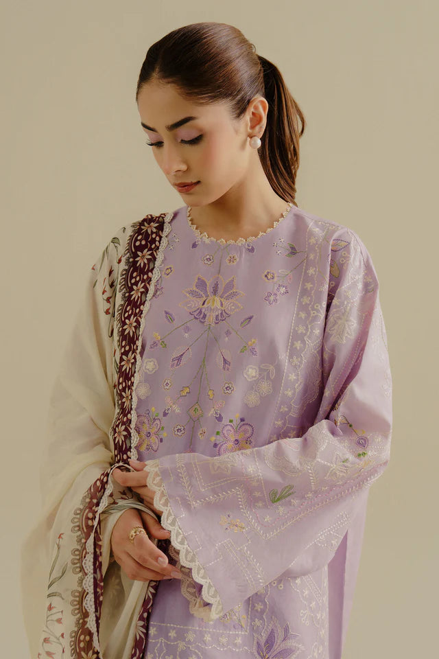 Nyssa-10B- Lilac embroidered lawn suit for evening wear By- Zara Shahjahan