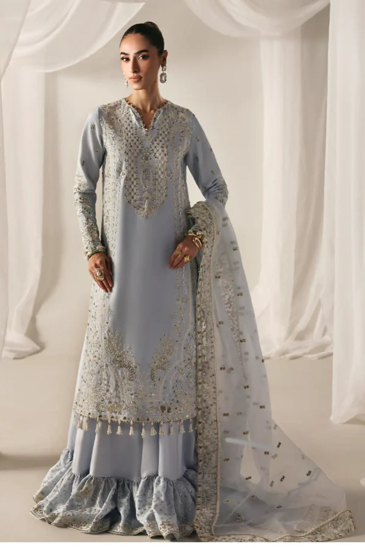 OPULENT OASIS Emaan Adeel Ice Blue Serein Luxe Silk stitched dress Pakistanimoda.