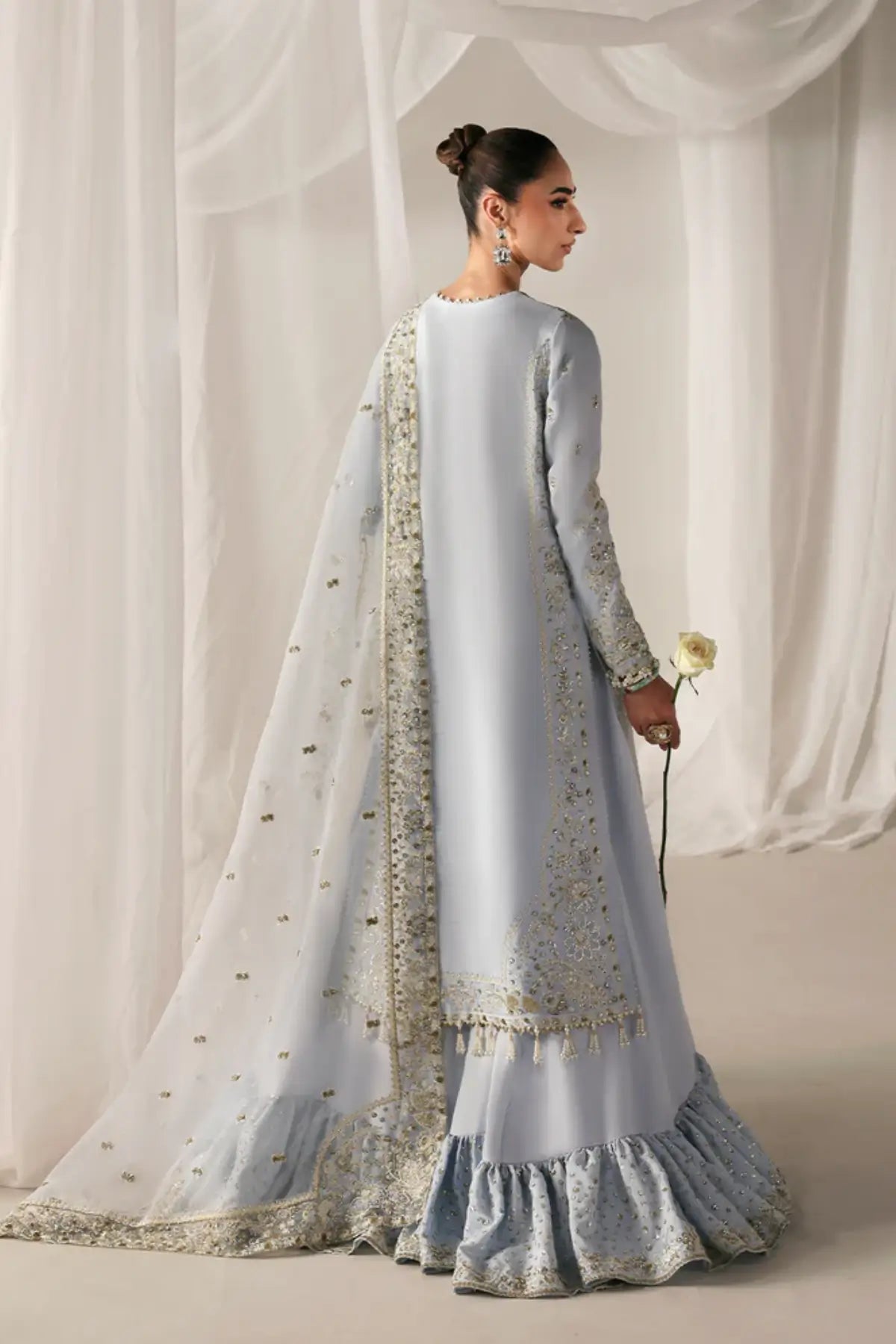 OPULENT OASIS Emaan Adeel Ice Blue Serein Luxe Silk stitched dress Pakistanimoda.
