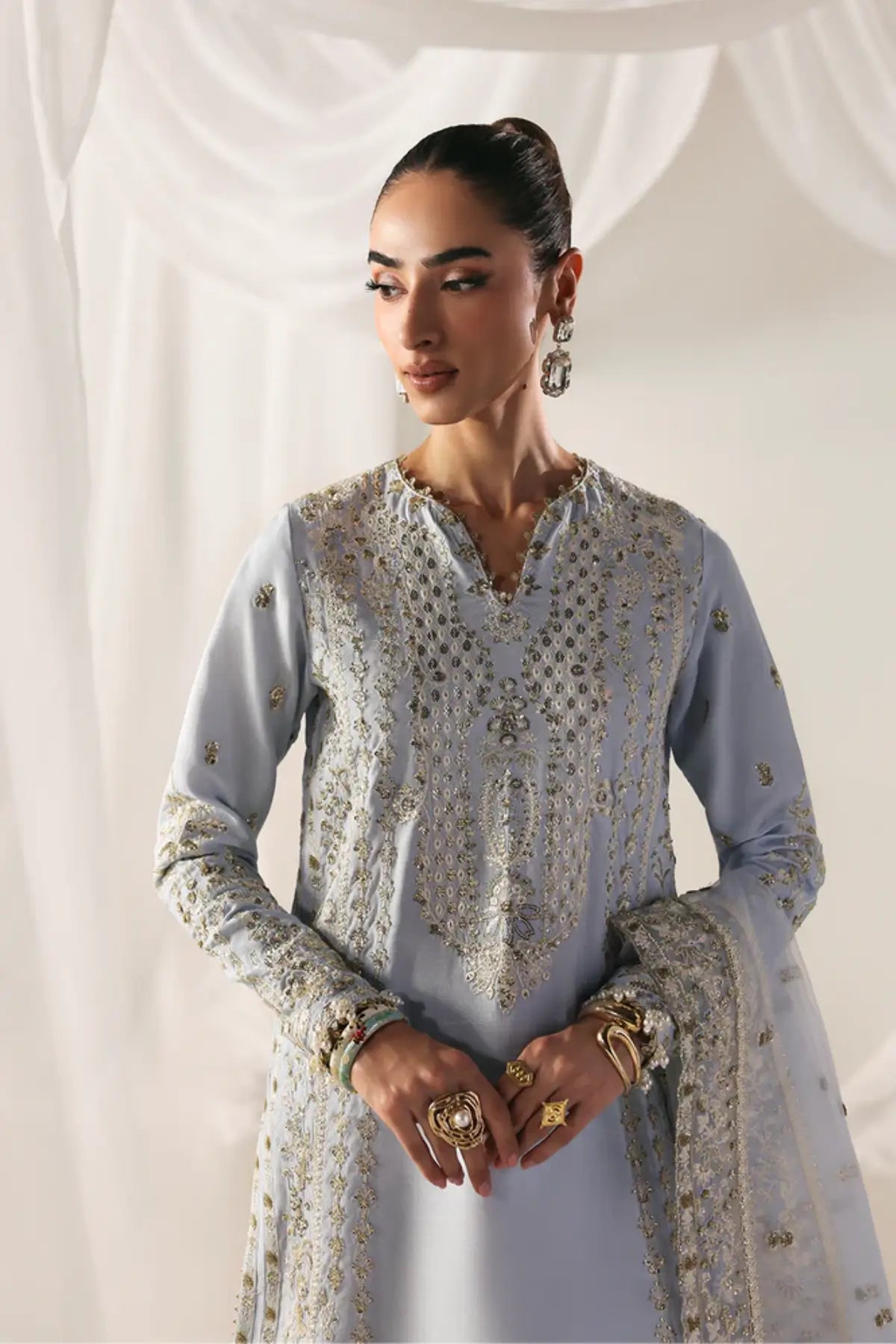 OPULENT OASIS Emaan Adeel Ice Blue Serein Luxe Silk stitched dress Pakistanimoda.