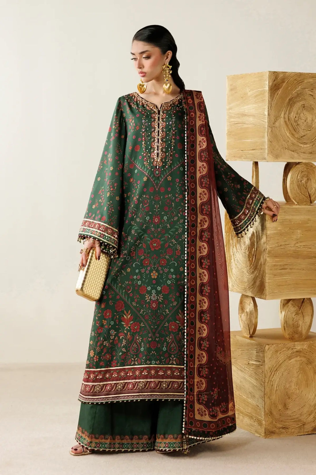 OR26-D01 dark green floral raw silk formal stitched 3PC suit with printed tissue silk dupatta