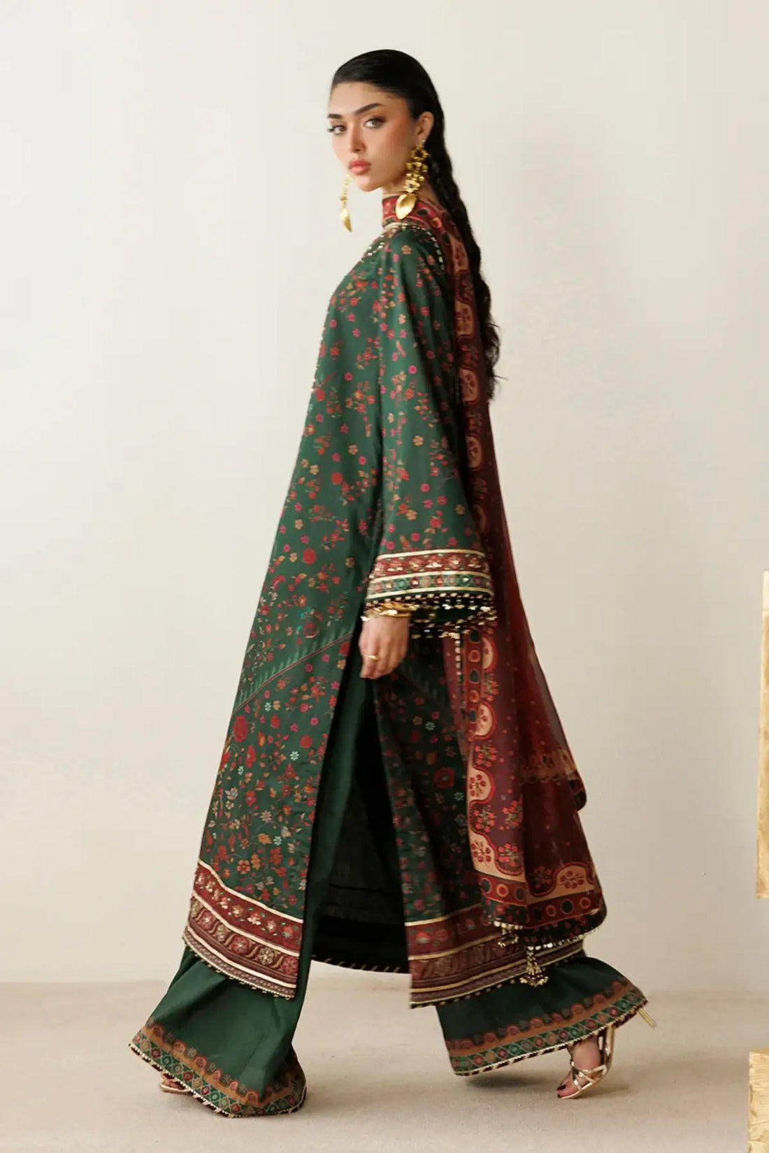 OR26-D01 dark green floral raw silk formal stitched 3PC suit with printed tissue silk dupatta