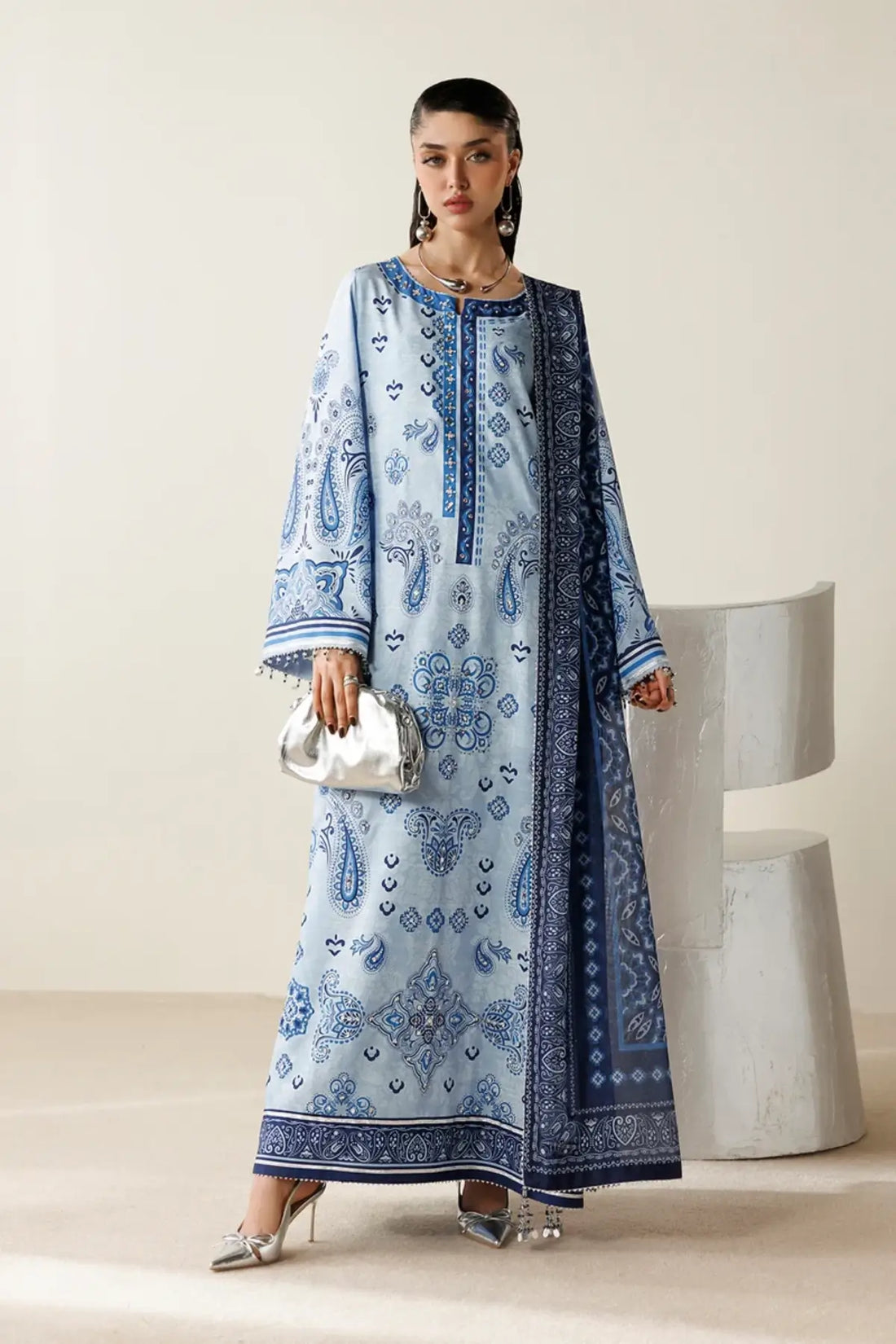 OR26-D02 ice blue hand embellished raw silk stitched 3PC suit with paisley print and blue tissue silk dupatta