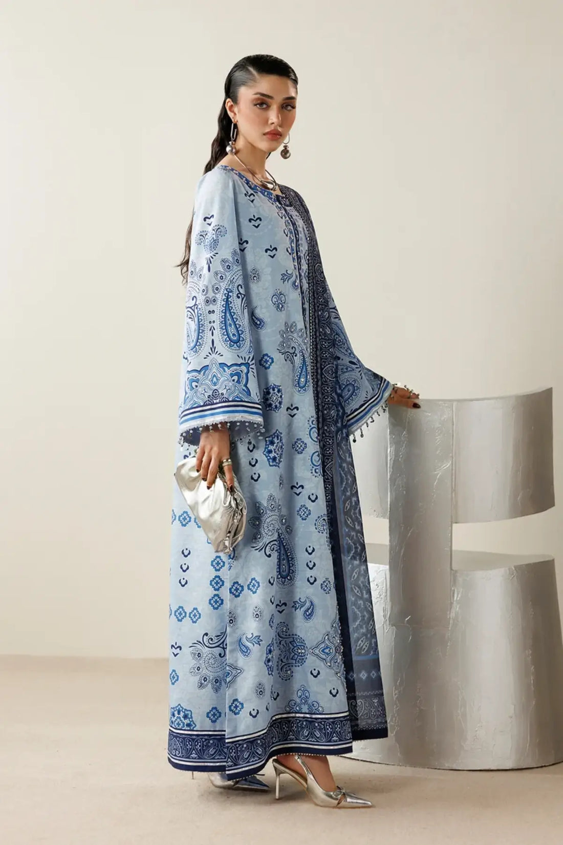 OR26-D02 ice blue hand embellished raw silk stitched 3PC suit with paisley print and blue tissue silk dupatta