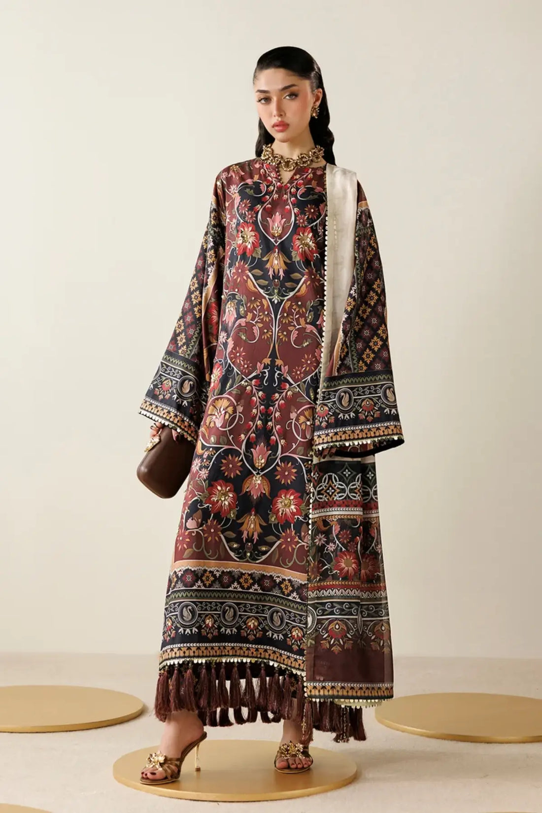 OR26-D03 chocolate brown hand embellished silk stitched suit with floral print and tissue silk dupatta