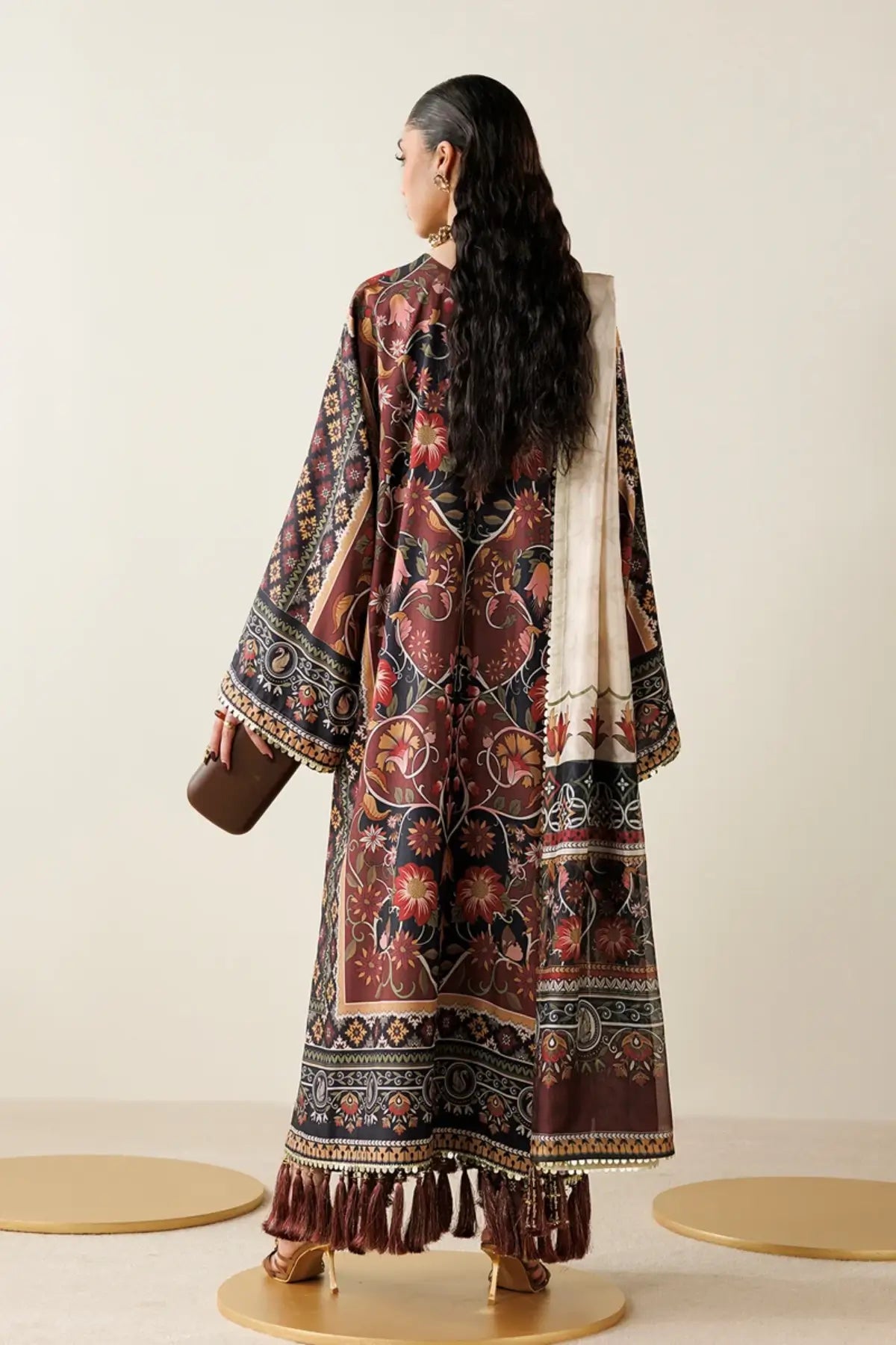 OR26-D03 chocolate brown hand embellished silk stitched suit with floral print and tissue silk dupatta