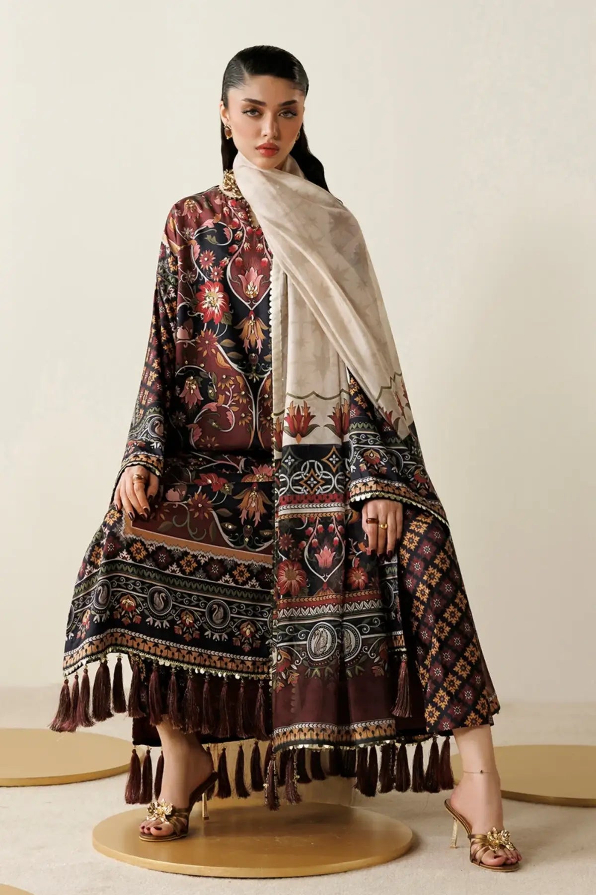 OR26-D03 chocolate brown hand embellished silk stitched suit with floral print and tissue silk dupatta