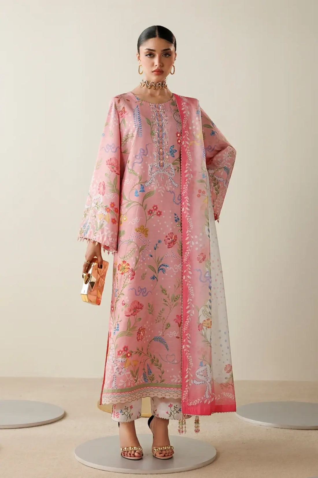 OR26-D04 pink hand embellished raw silk stitched 3PC suit with printed tissue silk dupatta and floral detailing