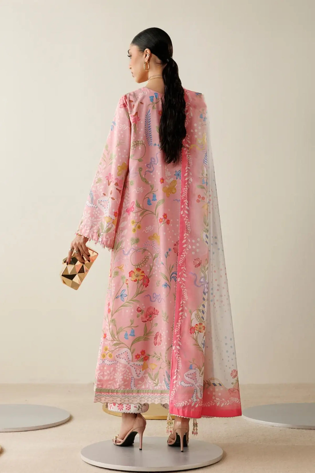 OR26-D04 pink hand embellished raw silk stitched 3PC suit with printed tissue silk dupatta and floral detailing