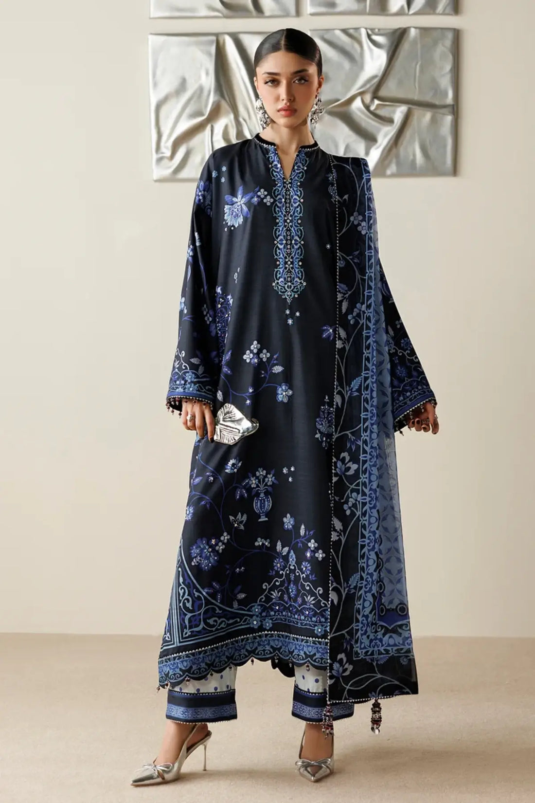 OR26-D05 black hand embellished raw silk stitched 3PC suit with blue printed tissue silk dupatta