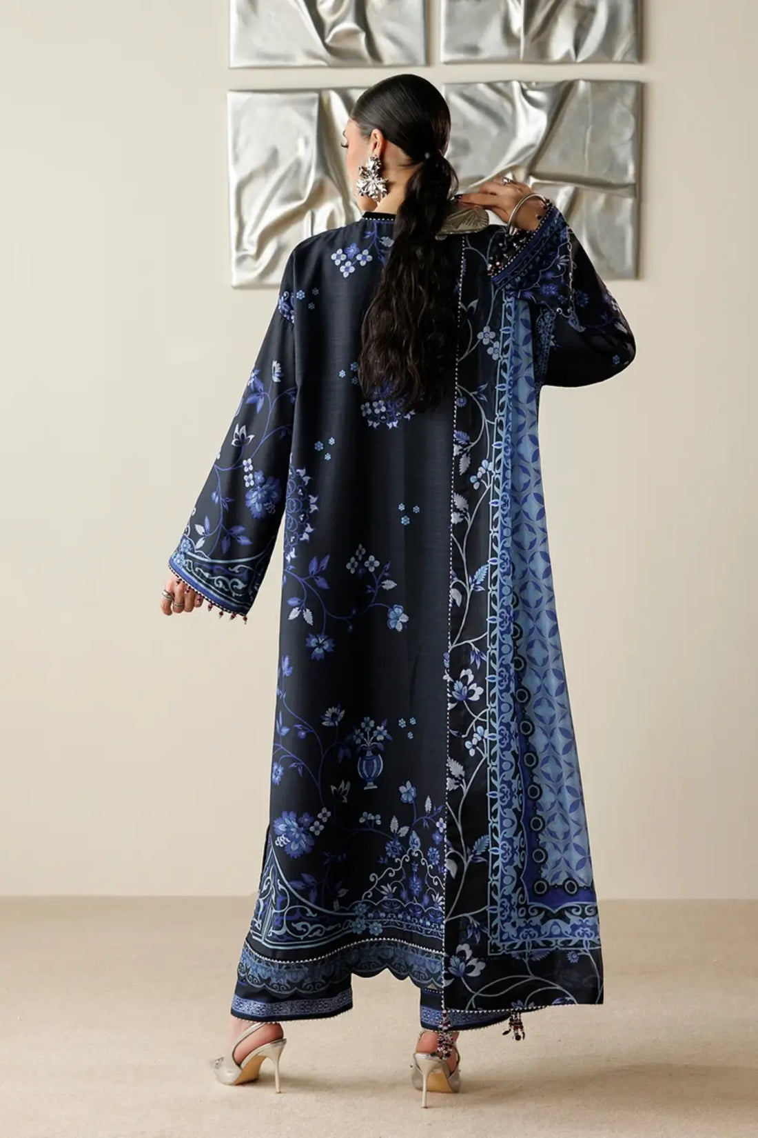 OR26-D05 black hand embellished raw silk stitched 3PC suit with blue printed tissue silk dupatta