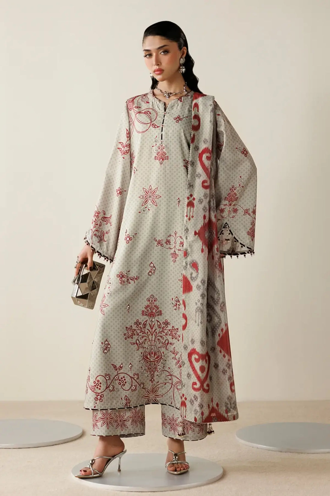 OR26-D06 ivory handwork raw silk Pakistani stitched 3PC suit with red printed tissue silk dupatta and hand embellishment