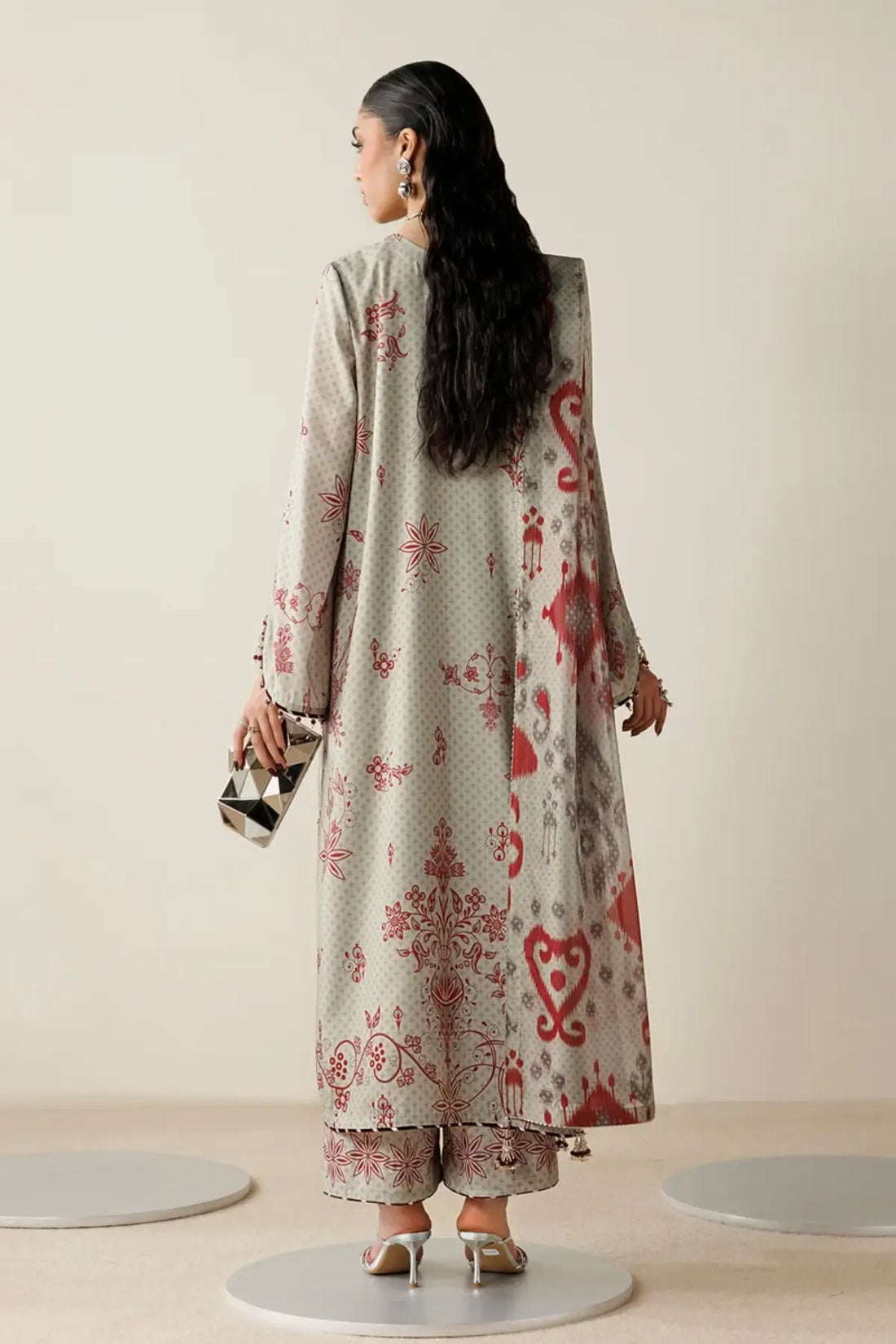 OR26-D06 ivory handwork raw silk Pakistani stitched 3PC suit with red printed tissue silk dupatta and hand embellishment