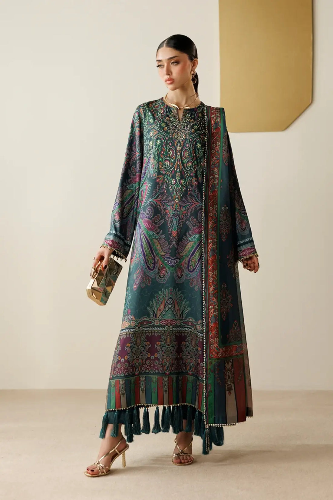 OR26-D07 teal printed raw silk Pakistani festive stitched suit with tissue silk dupatta and hand embellishment