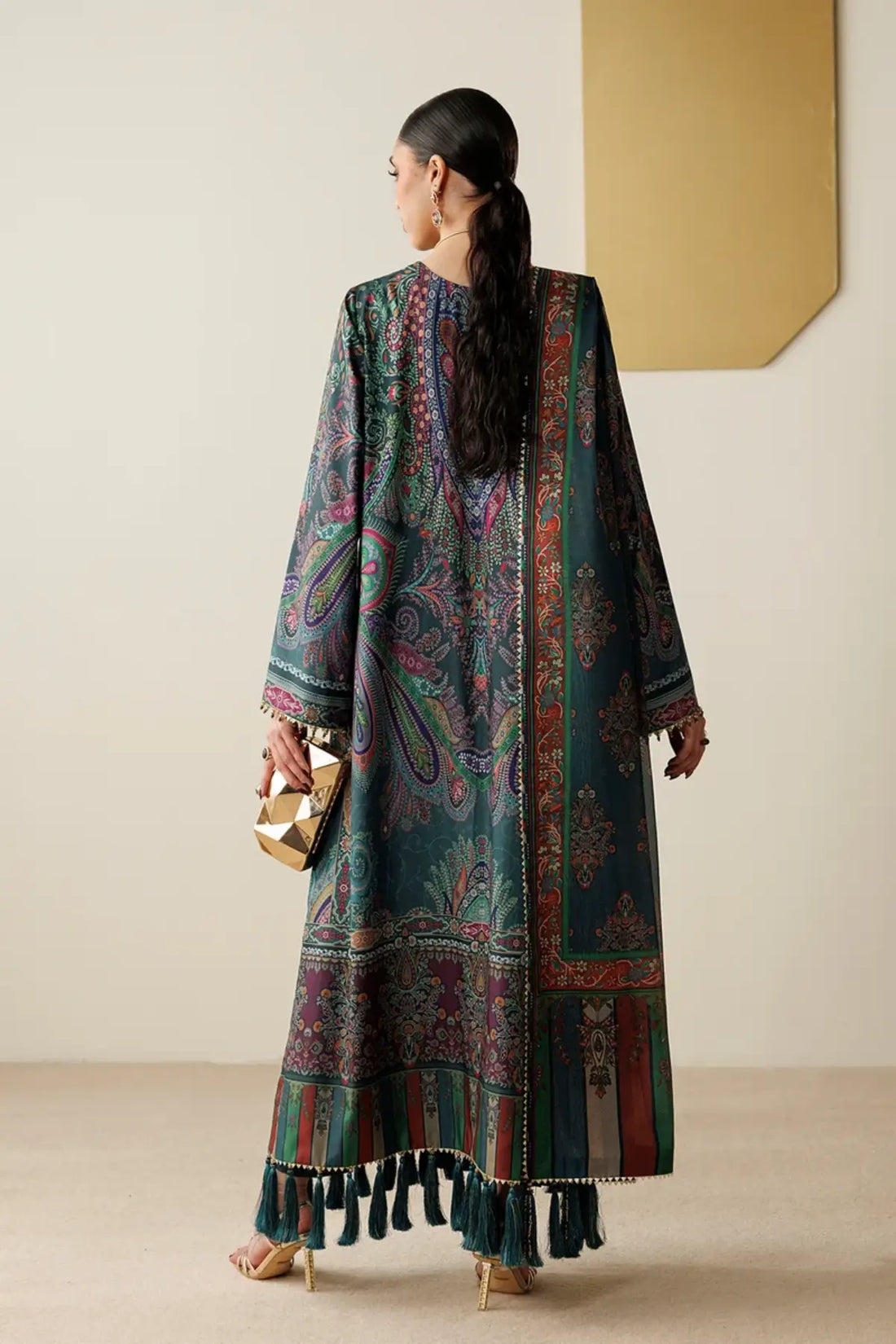OR26-D07 teal printed raw silk Pakistani festive stitched suit with tissue silk dupatta and hand embellishment